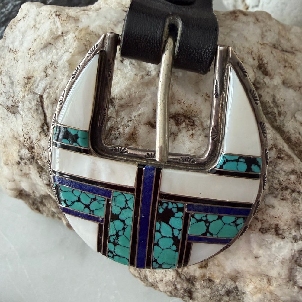 Vintage Navajo Native American Inlaid Ranger Belt Buckle Set - Picture 2 of 16